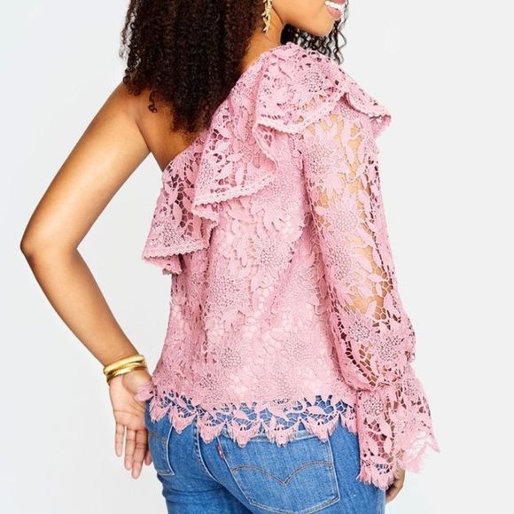 J.O.A. Pink Lace Statement One Sleeve Blouse NWT Size L - Picture 2 of 8